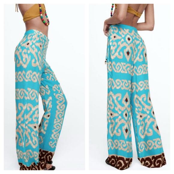 NWT Zara Flowy Printed Wide Leg Pants Womens Large Teal Boho Festival Hippie - Picture 2 of 12